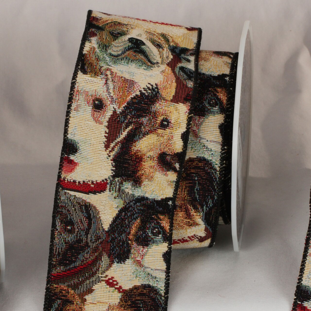The Ribbon People Brown and White Puppy Pooch Tapestry Wired Craft Ribbon 3" x 9 Yards